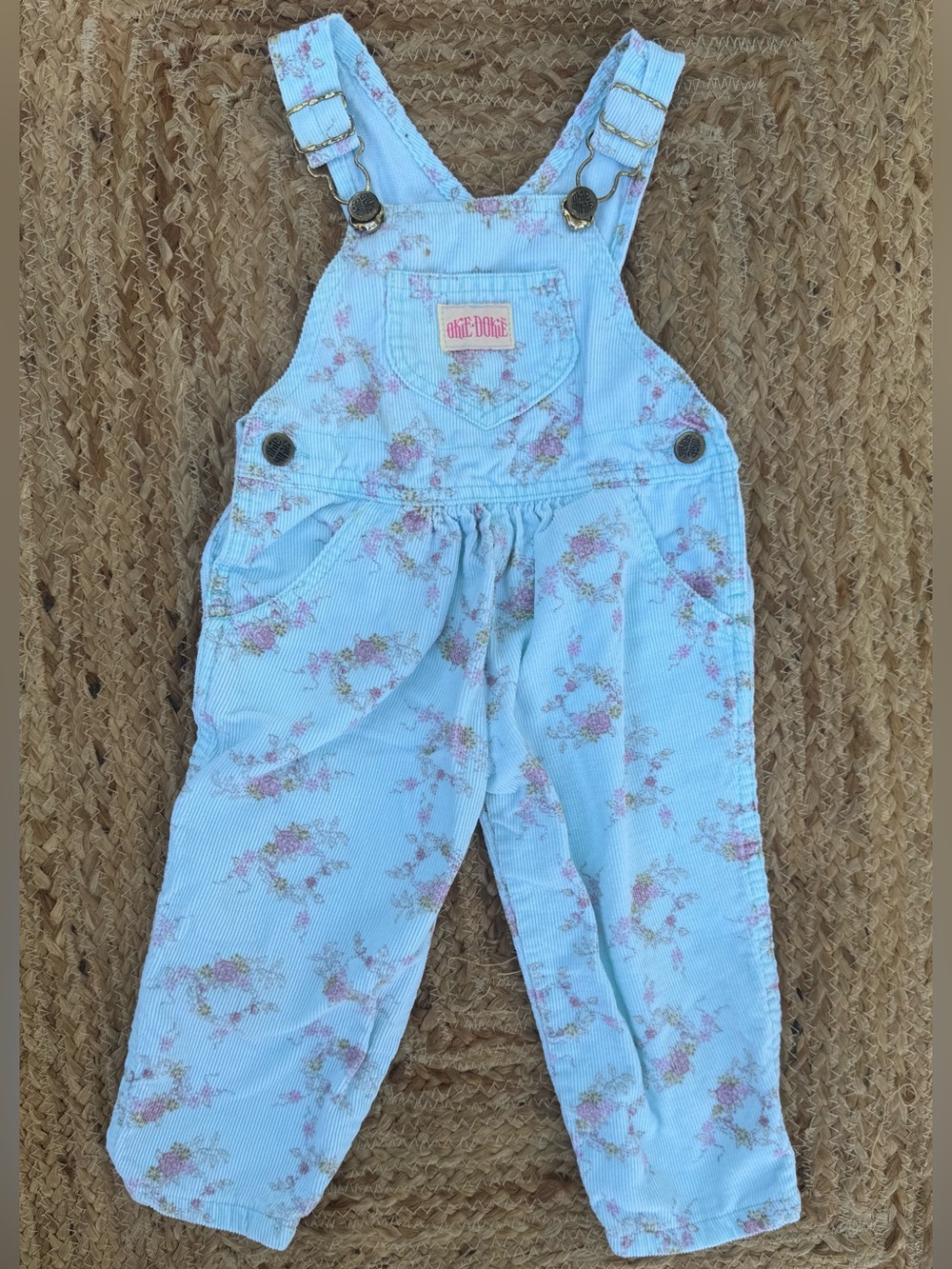 Vintage 90s Baby Blue Floral Corduroy Overalls Girls Long 2T